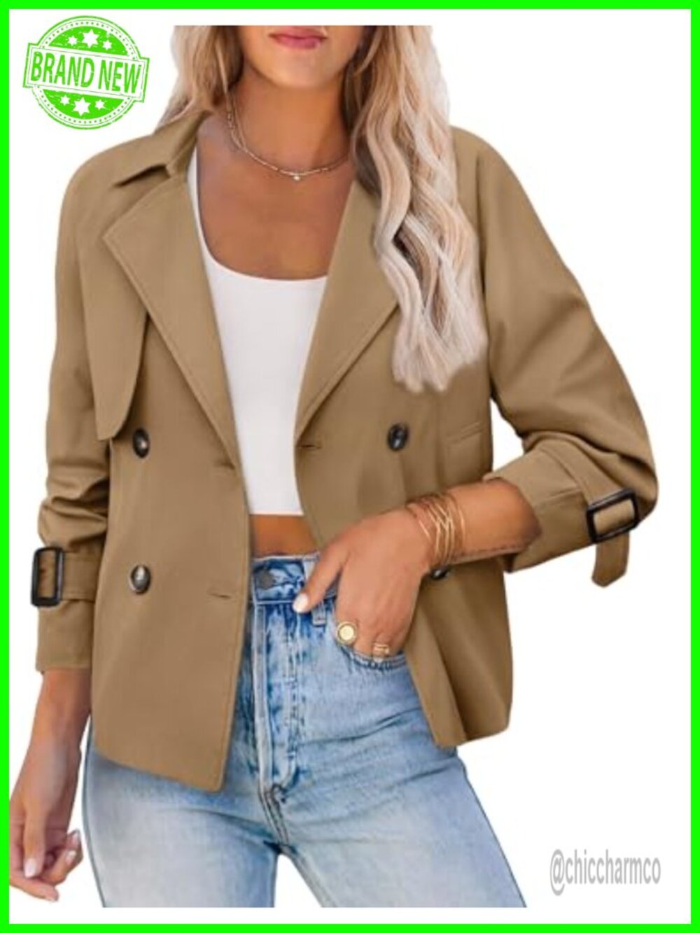 Women's Cropped Trench Coat Double Breasted Short Jacket with Pockets